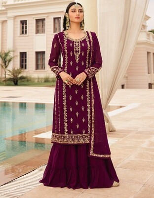 Heavy Georgette Embroidered Sharara Suit In Wine