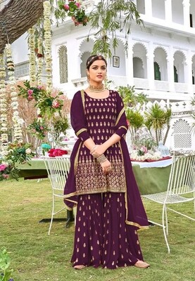 Sharara Suit For Wedding Wear In Heavy Georgette With Embroidery In Wine