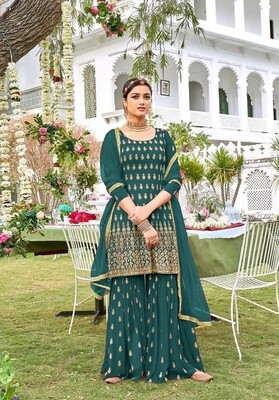 Sharara Suit For Wedding Wear In Heavy Georgette With Embroidery In Teal Blue