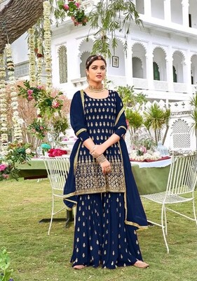 Sharara Suit For Wedding Wear In Heavy Georgette With Embroidery In Navy Blue