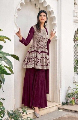 Heavy Blooming Georgette Embroidered Sharara Suit In Wine