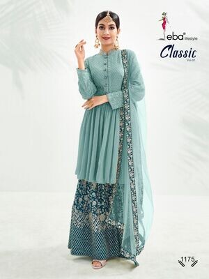 Festive Wear Sharara Suit With Chinon Diamond Embroidered In Blue