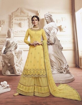 Wedding Wear Sharara Suit With Embroidered In Yellow