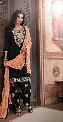 Embroidered Chanderi  Punjabi Suit In Black