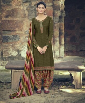 Punjabi Suit With Embroidered Royal Crepe In Mehendi Green