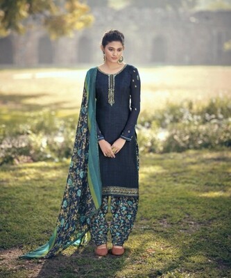 Punjabi Suit With Embroidered Royal Crepe In Royal Blue