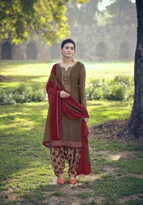 Punjabi Suit With Embroidered Royal Crepe In Brown