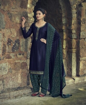 Punjabi Suit With Embroidered Royal Crepe In Navy Blue