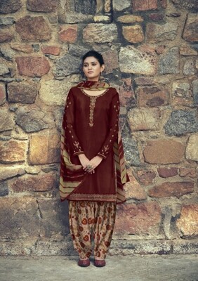 Punjabi Suit With Embroidered Royal Crepe In Brick Red