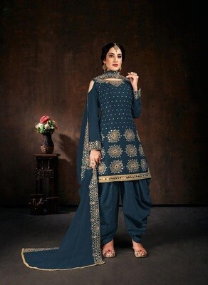 Designer Sophisticated Teal Blue Georgette Diamond Embellished Patiyala Suit