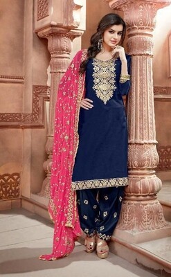 Embroidered Chanderi  Punjabi Suit In Navy Blue