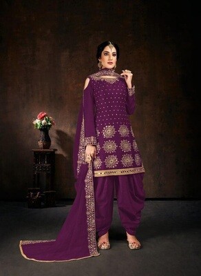 Exclusive Purple Color Fancy Embroidery Embellishment Patiyala Suit
