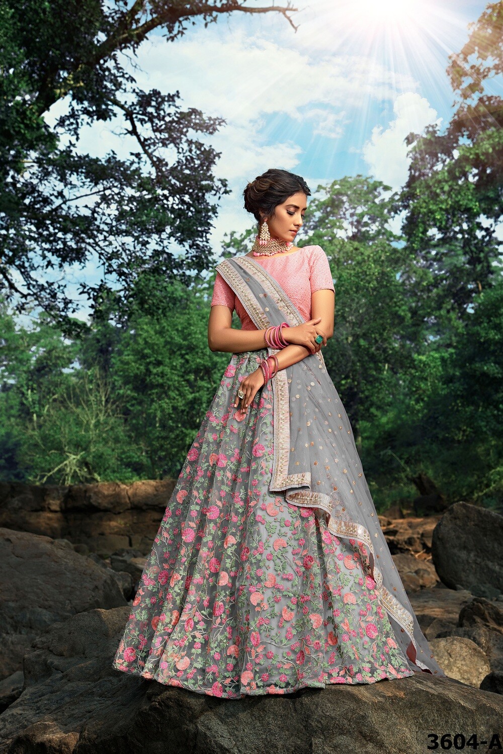 Party wear Pink and Grey Coloured Lehenga Choil