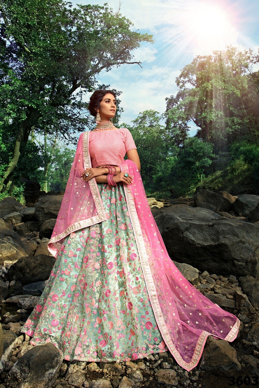 Pista and Pink Coloured Lehenga Choil with Sequins and Thread Zari Work Soft Net