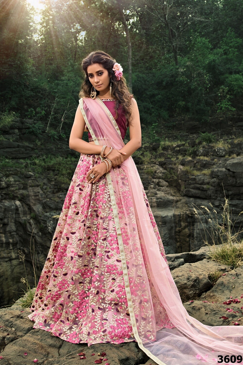 Maroon and Pink Coloured Lehenga Choil In Soft net