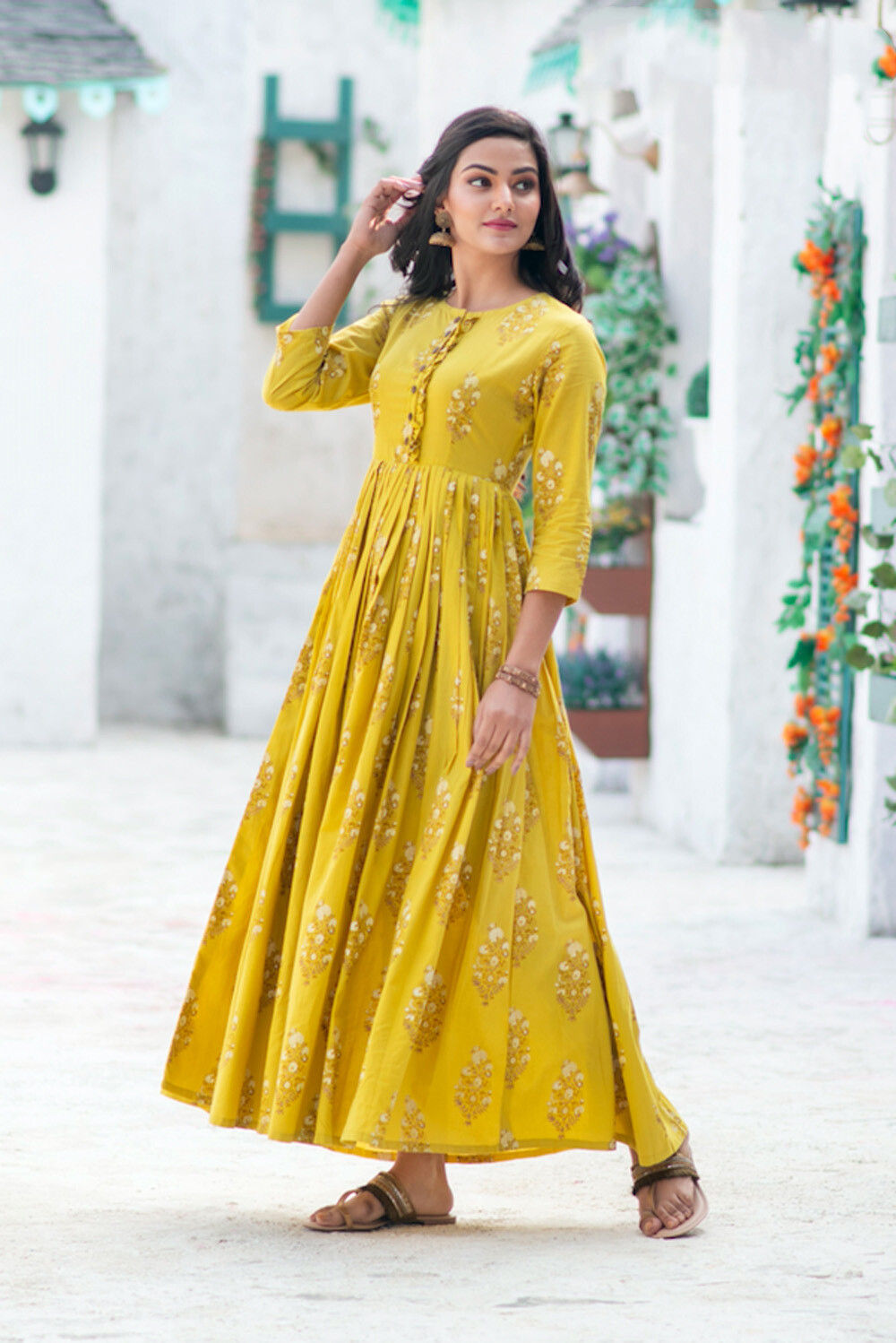 Gorgeous Digital Printed Designer Gown In Mustard Yellow Colour