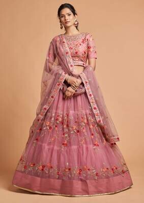 Dusty Pink Color Zari Badla Dori and Threads Embroidery Work Lehenga Choli