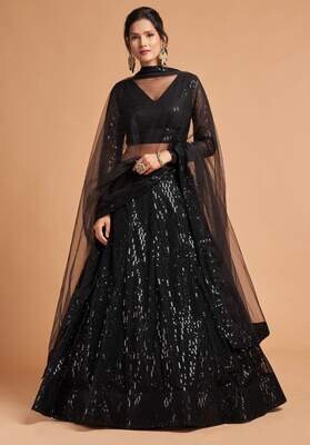 Black Color Thread and Multiple Sequins Embroidery Work Lehenga Choli