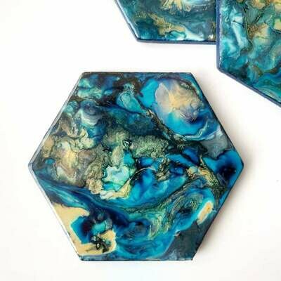 Hexagonal Gold & Blue Resin Coasters (set of 4)