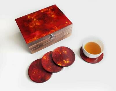 Resin Art Red Wooden Tea Box Set (with 4 Coasters)
