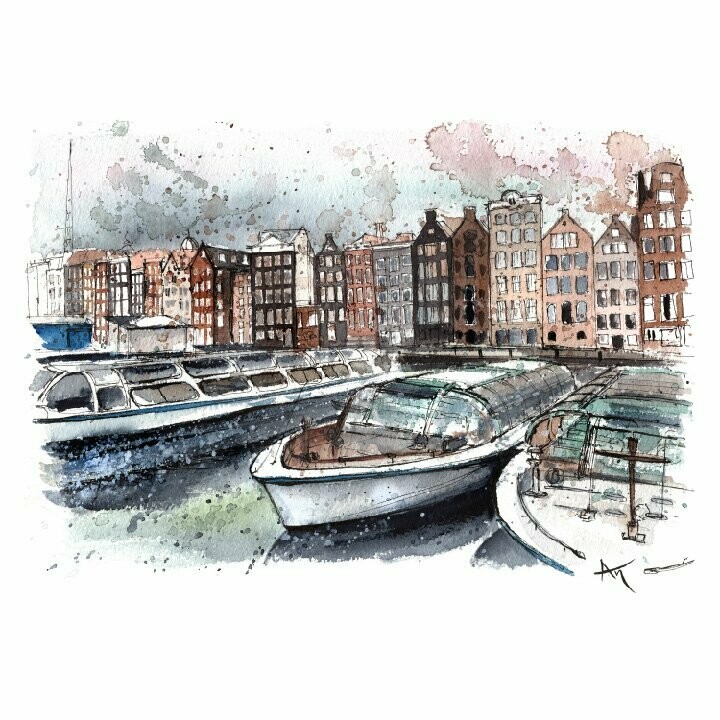 Art Print of Dutch Landmarks (Amsterdam Boats)