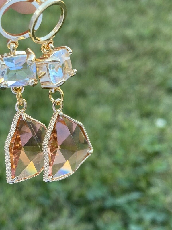 Gold Round Geometric Earring Studs with Rose and Clear Glass Crystals