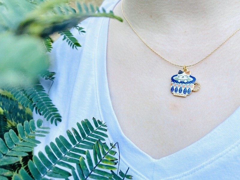 Cat in a Teacup Charm Gold Necklace