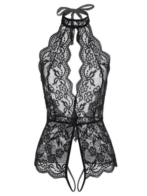 Halter Lace Cutout Crotchless Teddy -