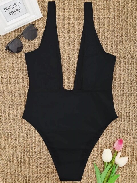 High Cut Plunge Neck Swimsuit