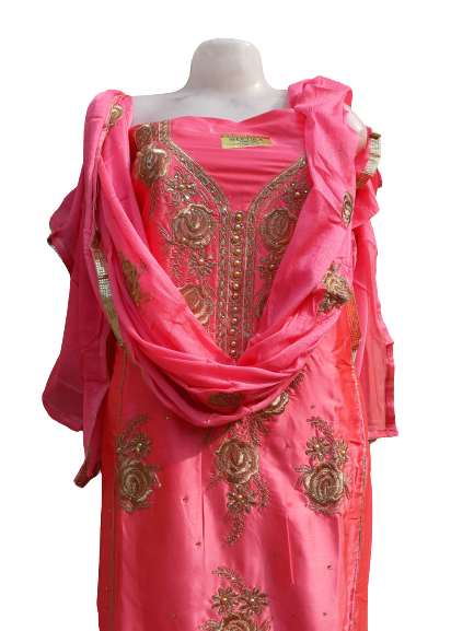 UN-stitched  Sattan Silk Heavy Embroidery Fabric with dupatta