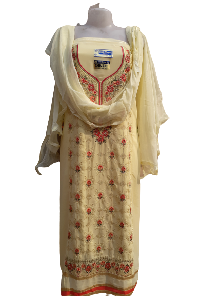 UN-stitched Georgette, Sattan Silk   Heavy Embroidery Fabric with plain Dupatta