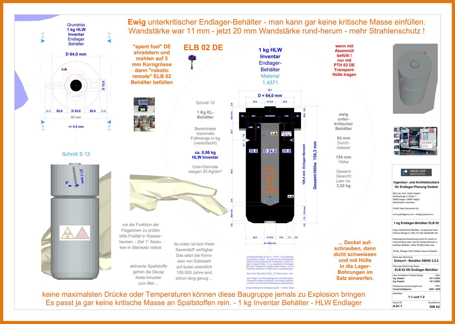 >>> 1 kg Inv. Endlager-Behälter - ewig unterkritisch >>> HLW GDF Containers eternally undercritical - Stand : ELB 03 DE >>> 1 kg Inv. Endlager-Behälter - ewig unterkritisch >>> HLW GDF Containers eternally undercritical - Stand : ELB 03 DE