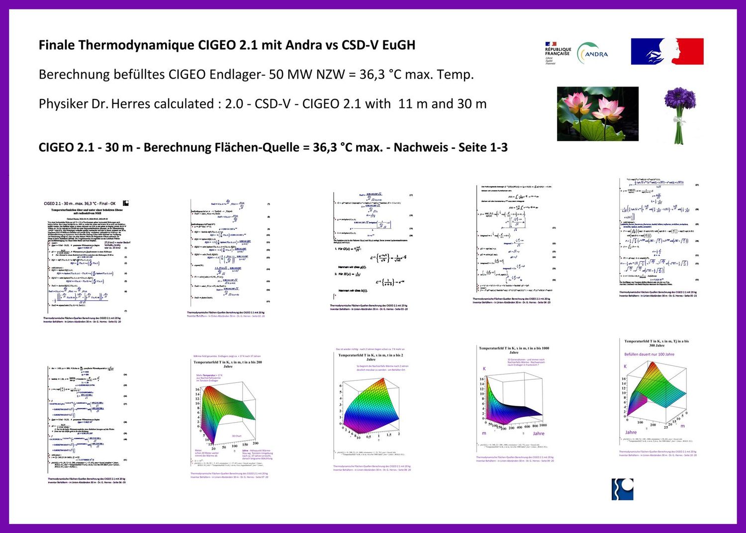 Thermodynamische Berechnung Cigeo 2.0 und 2.1  mit 10 dann 20 kg Behälter - Funktioniert Gut - CSD-V wurde auch berechnet - CIGEO 2.1 mit 36,3 °C max. nach 37 Jahren