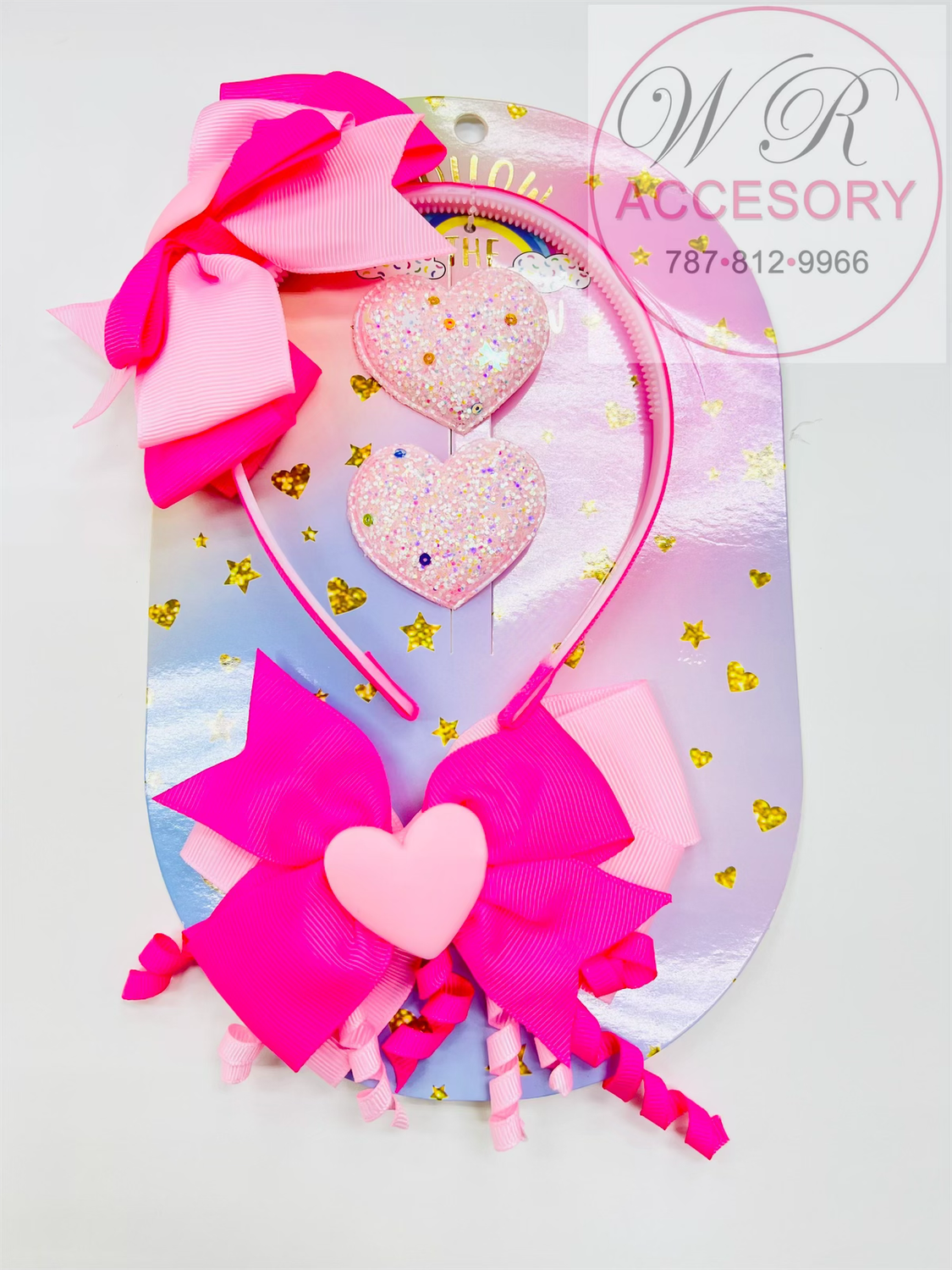 Set Diadema, Hebilla &amp; Lazo Corazón Rosa