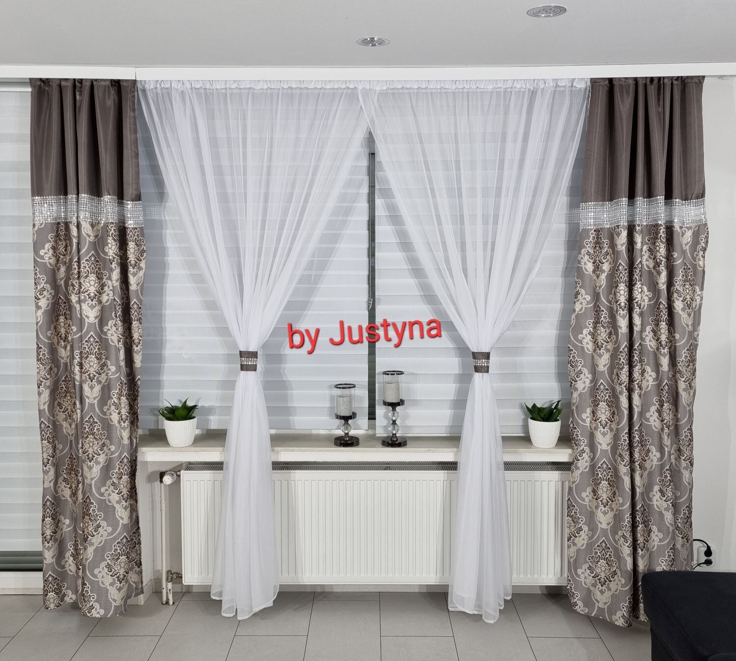 Beige-Muster Schal Set mit Weiße Gardine 5 Teilig