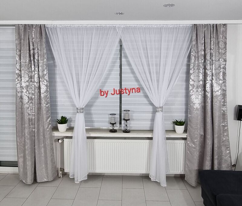 Grau Schal Set mit Weiße Gardine 5 Teilig