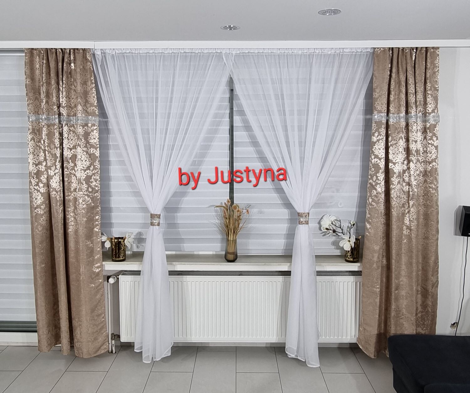 Beige Gold Schal Set mit Weiße Gardine 5 Teilig