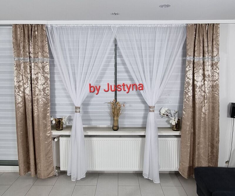 Beige Gold Schal Set mit Weiße Gardine 5 Teilig