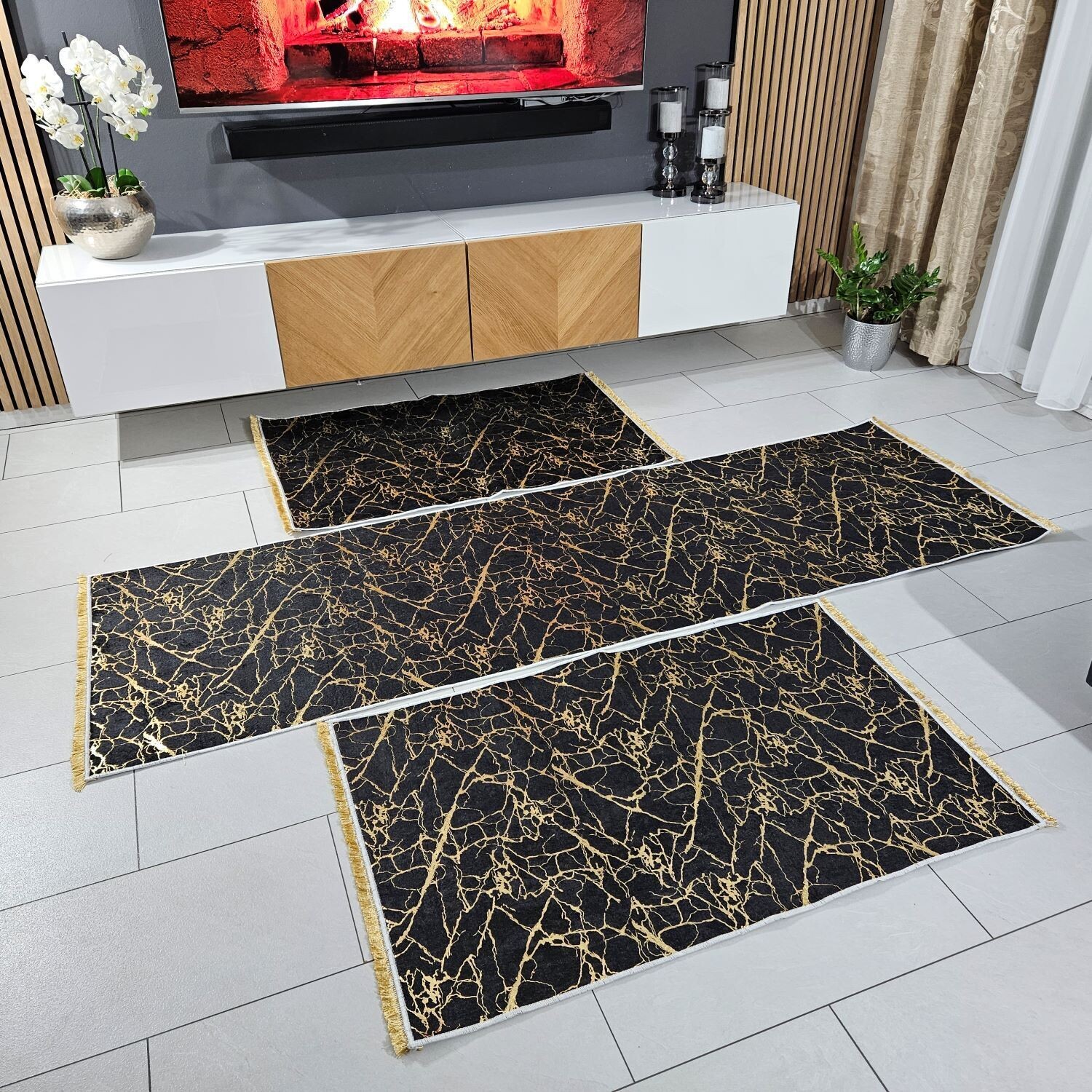 Teppich Set 3 Teilig Schwarz Gold