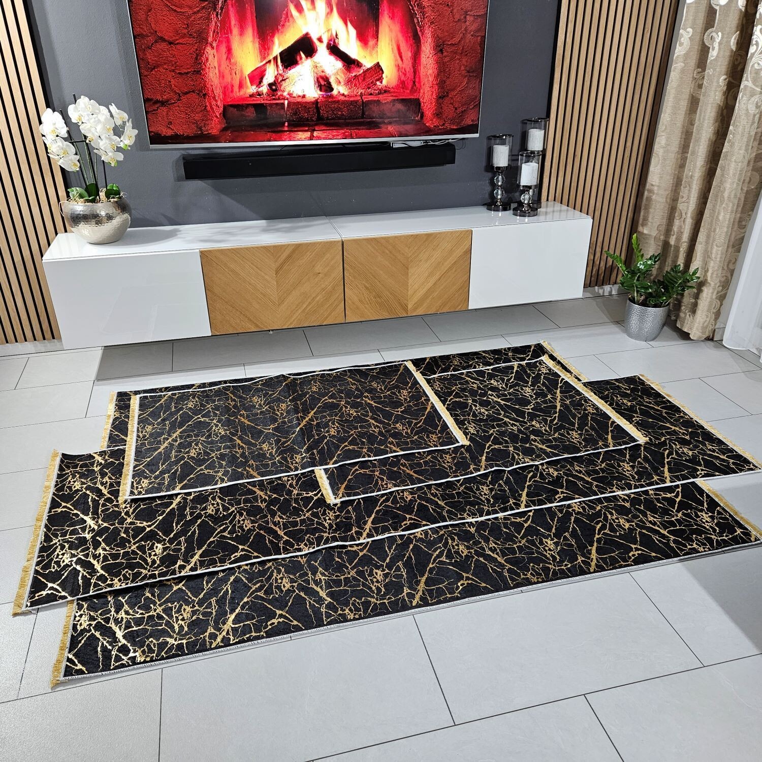 Teppich Set 4 Teilig Schwarz Gold
