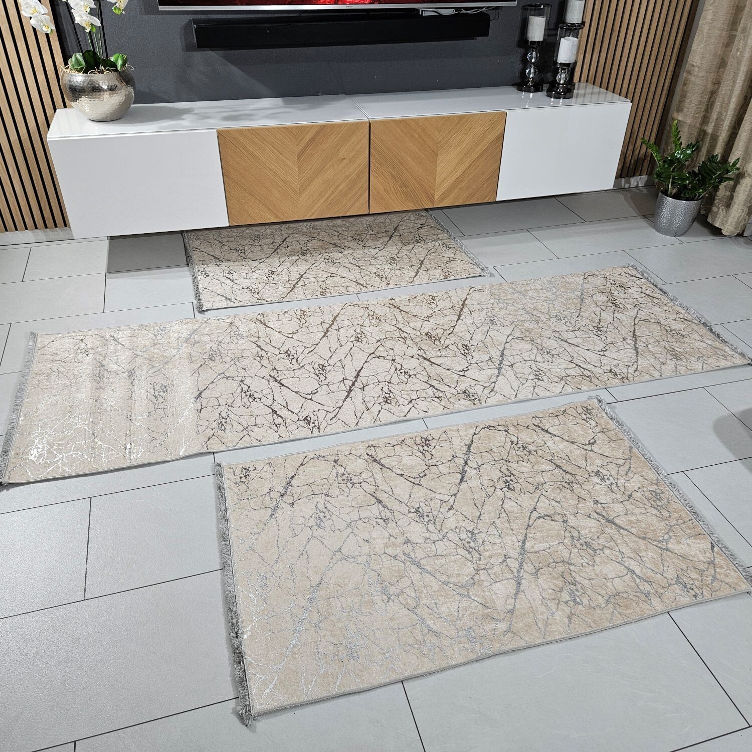 Teppich Set 3 Teilig Beige Silber
