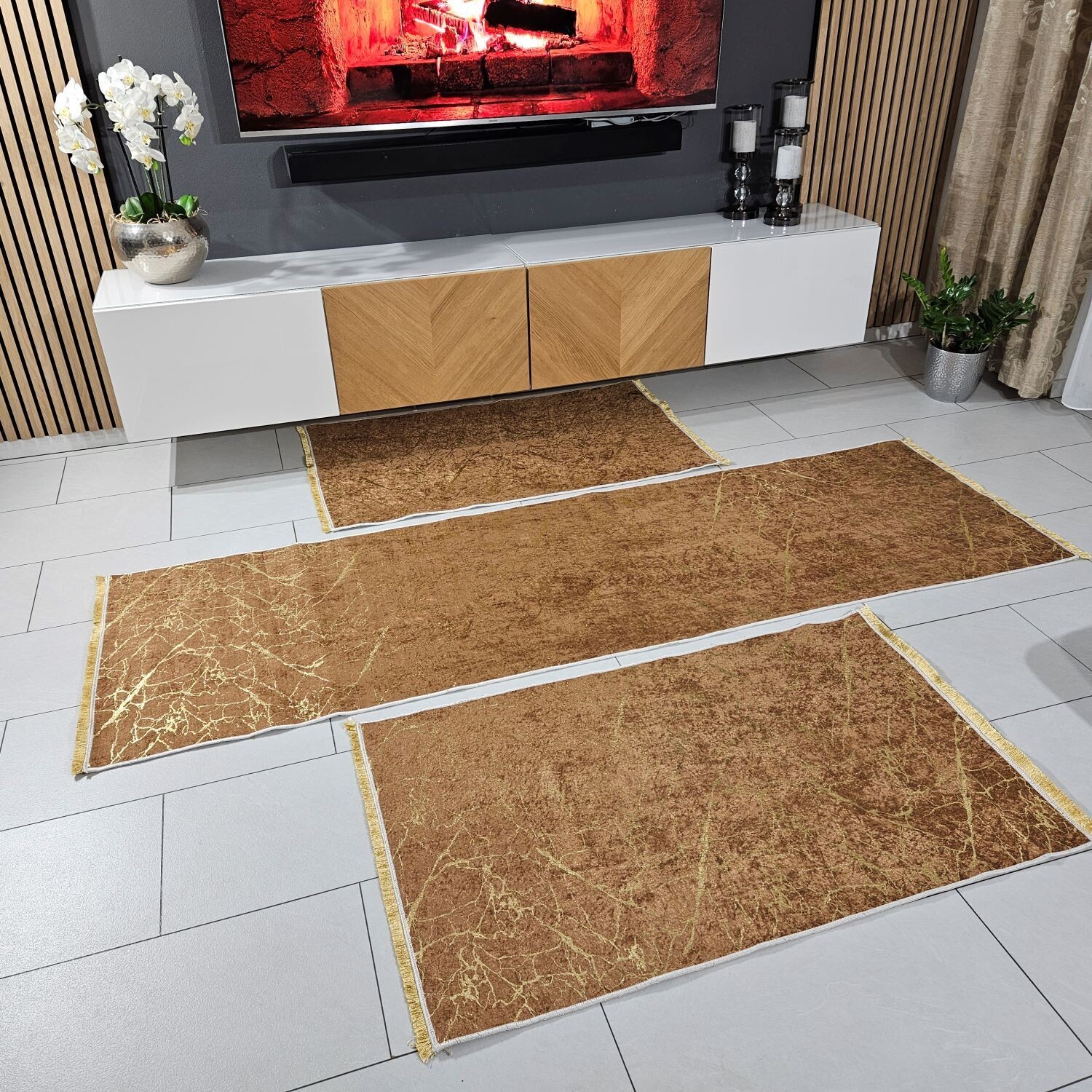 Teppich Set 3 Teilig Braun Gold