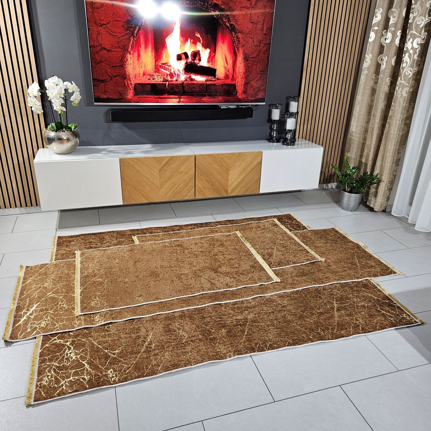 Teppich Set 4 Teilig Braun Gold