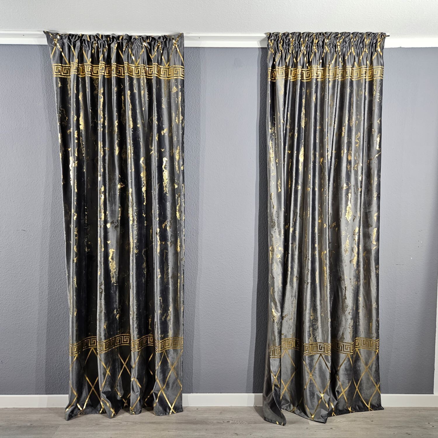 2er Schal Set Vorhang Grau Gold Blickdicht