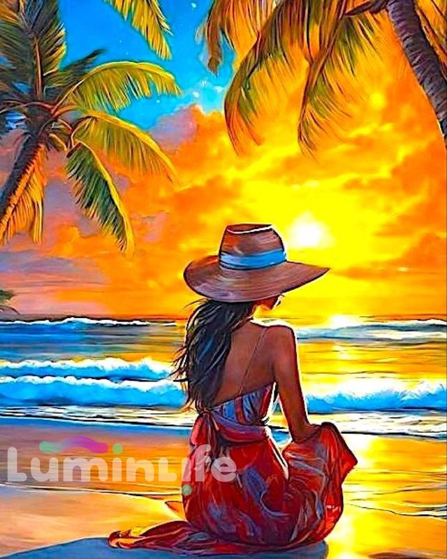 Broderie Diamant 100% -Dame et palmiers