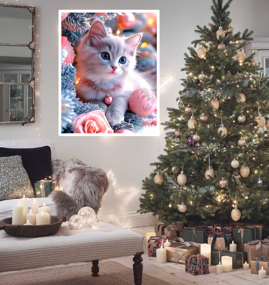 Broderie Diamant 100% -Chaton Noël