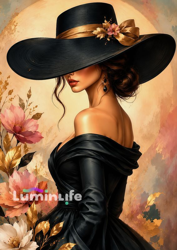 ​Bordado de Diamantes 100 % Strass – Dama con Sombrero Negro – Gran Formato ✨
