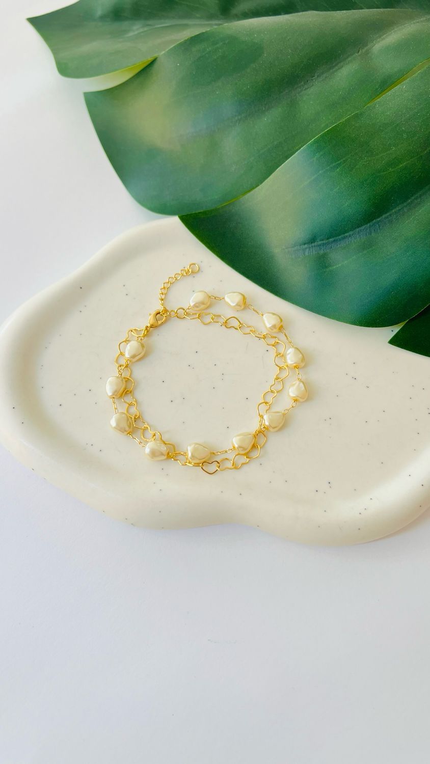 Pulseira Dupla Pérolas e corações
