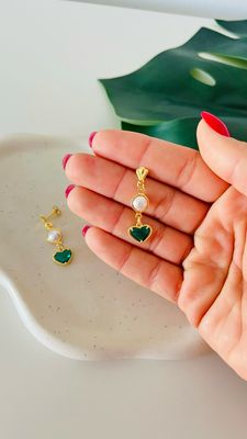 Brinco Longo Pérola Coração Turmalina