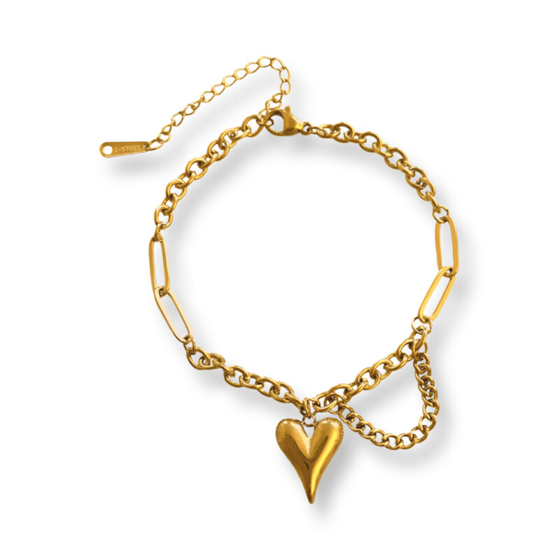 Irena Gold Heart Armband - Stalen schakelarmband met hart hanger goudkleurig